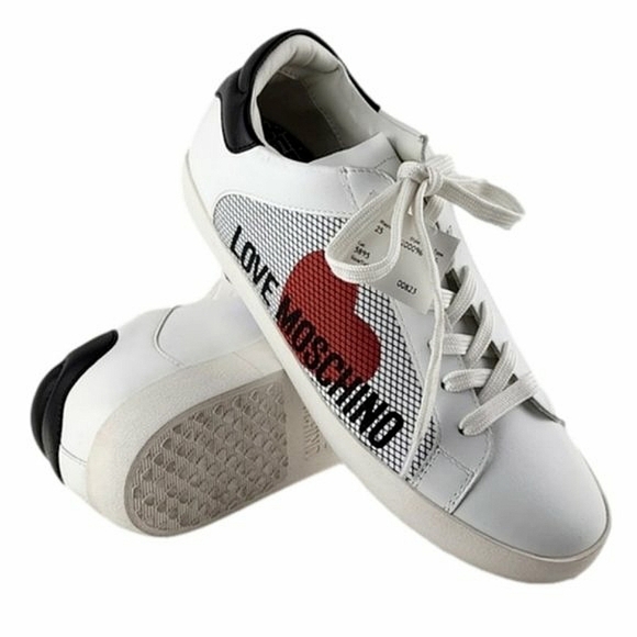 Love Moschino Shoes - Love Moschino Women's White Black Leather Low Top Sneakers Logo Heart Sz 10/ 41